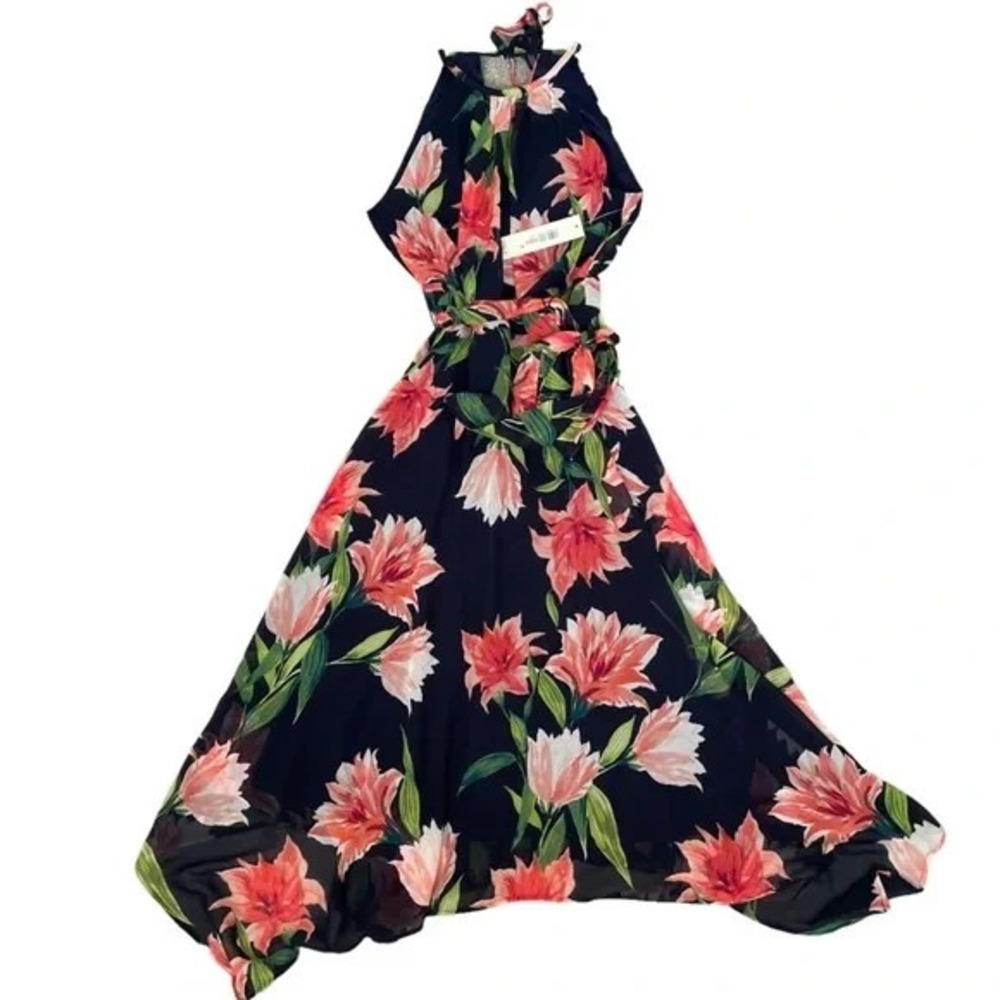 Eliza J. Women's Sz. 2 Navy Floral Handkerchief Hem High Neck Midi Dress